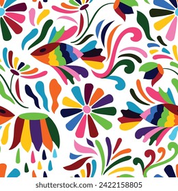 Vector Seamless Otomi Style Mexican Pattern. Bright Print with Fishes