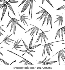 Vector seamless outline bamboo leaves pattern. Black and white hand drawn background. Design for fashion textile print, asian spa and massage, cosmetics package, furniture materials.