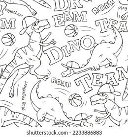Vector seamless outline dinosaur pattern. Dinosaur basketball player cool playing with the ball. Art illustration. Vector print. Fashion illustration for clothes