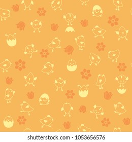 Vector seamless outline Easter pattern with chicks and flowers 