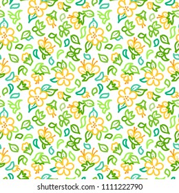 Vector seamless outline floral pattern. Outline tiny yellow flowers and green pinnate leaves on white background. Bright spring and summer boundless backgrounds. Tileable design elements.