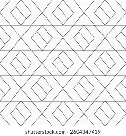Vector seamless outline geometric pattern with rhombuses and triangles. Repeating geometric tiles. Rhombuses tiles. Monochrome vector simple background. Geometric lattice vector pattern.