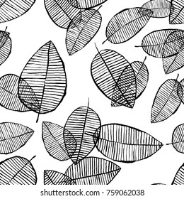 Vector seamless outline leaves pattern. Black and white background made with watercolor, ink and marker. Trendy scandinavian design concept for fashion textile print. Nature illustration.