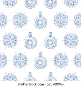 Vector seamless outline monochrome pattern with snowflakes and Christmas balls isolated on white background. Christmas winter background. Design for textiles, holiday wrapping paper