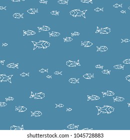 Vector seamless outlined sardines pattern. Shoal of fish on blue background. Boundless background can be used for web page backgrounds, wallpapers, wrapping papers and invitations.