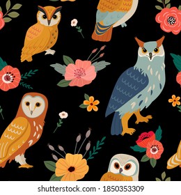 Vector seamless owl floral pattern. Vintage background for wallpaper, fabric, digital paper.