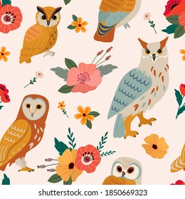 Vector seamless owl floral pattern. Vintage background for wallpaper, fabric, digital paper.