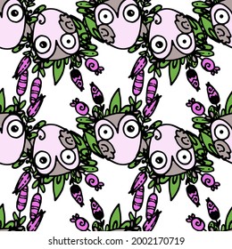 vector seamless owl pattern with a floral pattern. a pattern of a hand-drawn lilac funny owl with berries and green leaves, painted in doodle style, on a white background for a children's design 