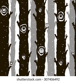 Vector seamless owls on trees