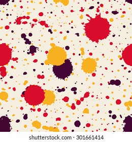 Vector seamless paint splatter pattern. Grunge spotted background with paint blobs. Backdrop with paint splashes. Colorful repetitive textile pattern. EPS10.
