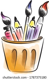 Vector seamless painting tool set, brushes, pencils and tube of paint in wooden basket. Handdrawing illustrations