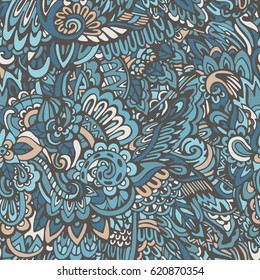 Vector seamless paisley abstract hand-drawn pattern with waves and doodle florals