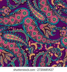 Patrón de Vector paisley sin costuras con detalles florales, perfecto para textiles y decoración.