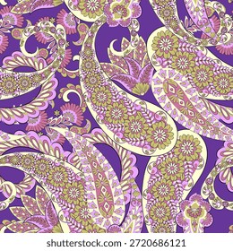 Patrón de Vector paisley sin costuras con detalles florales, perfecto para textiles y decoración.