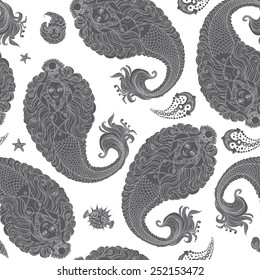 Vector seamless paisley pattern from graphite-grey mermaids, pearls, anchors, sea shells and globe-fish on white  background