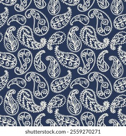 Vector seamless paisley pattern on navy background, hand drawn Mughal floral Jaipur allover print, vintage wallpaper design, boho floral Ikat pattern, ethnic batik  digital style,border Indian graphic