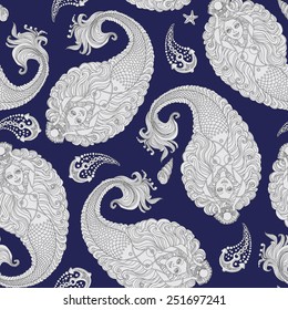 Vector seamless paisley pattern from silver grey mermaids  pearls  anchors  sea shells dark indigo blue background