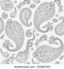 Vector seamless paisley pattern from silver  grey mermaids  pearls  anchors  sea shells jelly fish   funny pirate and morey light background