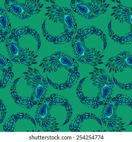 Patrón de paisley sin costuras de Vector. remolinos de plumas de pavo real con motivos florales. 