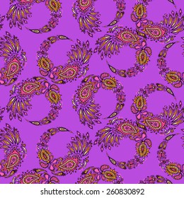 vector seamless paisley pattern. swirls of peacock feathers with floral motifs.