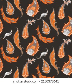 Patrón paisley sin fisuras vectorial con patrón tribal y hojas sobre fondo oscuro. Textura de boho con buta y adorno floral para papel pintado. Vegetación de tela con follaje y decoración nativa