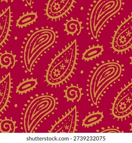 Vector seamless paisley pattern in vintage western style. Retro pattern of abstract turkish cucumbers. Vector red paisley ornament
