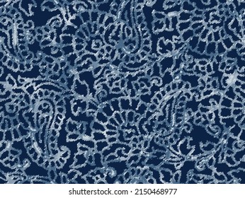 vector seamless paisley print with flowers and grunge texture, great allover in indigo and denim colors