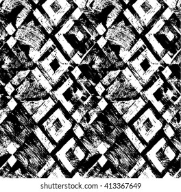 Vector seamless pallern with messy black geometric ornament. Painted rombs, diamond pattern. Intense black textured background. 
