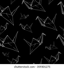 Vector seamless with  paper crane  hand drawn on black
