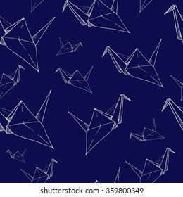 Vector seamless with  paper crane  hand drawn on 
blue