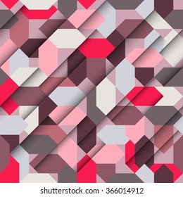 Vector seamless papercut geometric pattern with polygonal elements, pink shades
