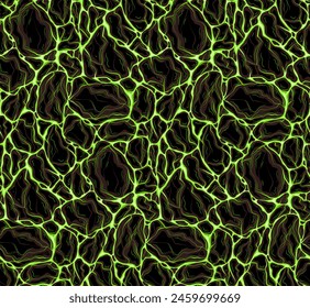 Vector seamless paranormal pattern of green flowing ectoplasm with stones. Plasma with molten rock. Cyber eruption. Texture for fabrics, wrapping paper and wallpaper