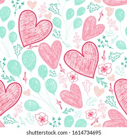 Vector seamless party, birthday, romantic pattern. Hand drawn, doodle hearts, balloons, flowers background. Cute endless print
