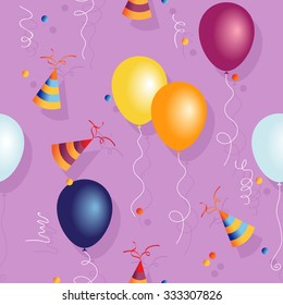 Vector seamless party pattern with bright balloons, cone hats and confetti.