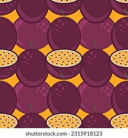 Vector Seamless Passion Fruit Pattern with Brown Seeds on Orange Background. Tropical Food Texture.