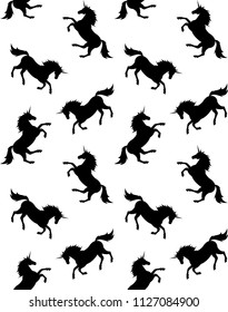 vector seamless pastel black white  silhouette contour unicorn pattern on  background