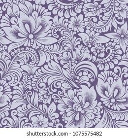 Vector seamless  pastel blue pattern with abstract stylized flowers in folk style, hohloma, petrikovka. Ethnic floral ornamental design for textiles, wallpaper, packaging