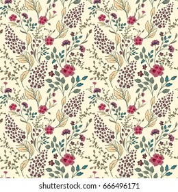 Vector seamless pastel gentle hand drawn little ditsy flower pattern. Pink green beige floral allover print on white background