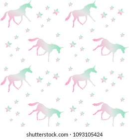 vector seamless pastel holographic unicorn star pattern isolated on white background