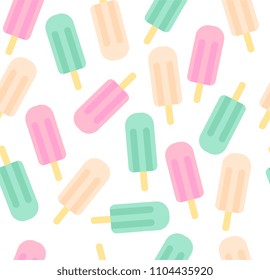 Vector sin fisuras, patrón de helado pastel sobre fondo blanco. Tejidos de fresa, vainilla y melocotón en un estilo plano