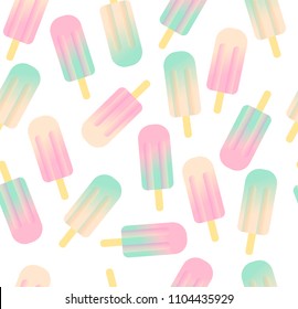 Vector seamless pastel ice cream pattern on white background. Strawberry, vanilla and peach icecream texture