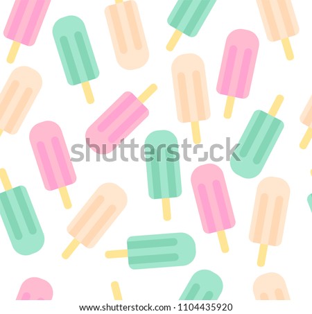 Vector seamless pastel ice cream pattern on white background. Strawberry, vanilla and peach icecream texture in a flat style