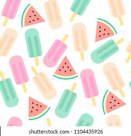 Vector seamless pastel ice creamand watermelon pattern on white background. Strawberry, vanilla and peach icecream texture with exotic fruit slices in a flat style