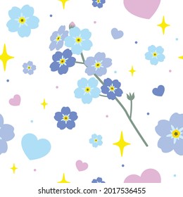 Vector seamless pastel pattern with beautiful blue and lilac forget-me-not flowers, pink and purple hearts and sparkles