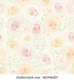 Vector seamless pastel pattern with colorful roses and hydrangea flowers.