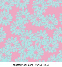 Vector seamless pastel pattern with doodle flowers. Blue and pink trendy colors