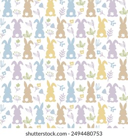 Vector seamless pastel pattern of pastel Easter bunny head silhouette  on white background, Happy Easter greeting card seamless pattern with decorated painted Easter bunnies. 