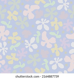 Vector seamless pastel pattern with minimalistic floral shapes on light blue background.