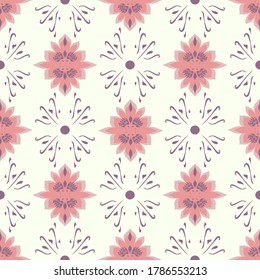 Vector seamless pastel repeating pattern of ornate shapes in pink and purple on a cream backdrop. Delicate and decorative, this vintage inspired design in modern shades makes a great surface print.