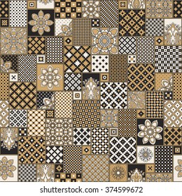 Vector seamless patchwork pattern from black, white, gold, light beige oriental ornaments, round and square rosette from stylized flowers, leaves. Geometrical  textile print,  pillow embroidery